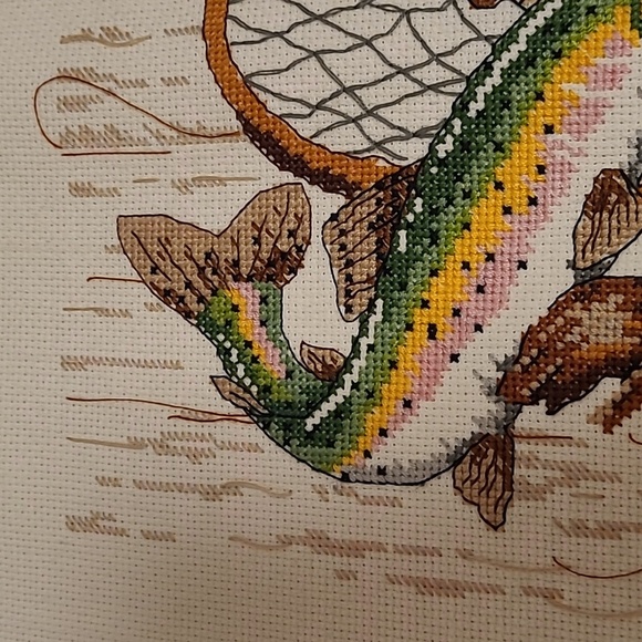 Vintage Fisherman's Fishing Gear Finished Cross Stitch Sampler - Picture 2 of 16
